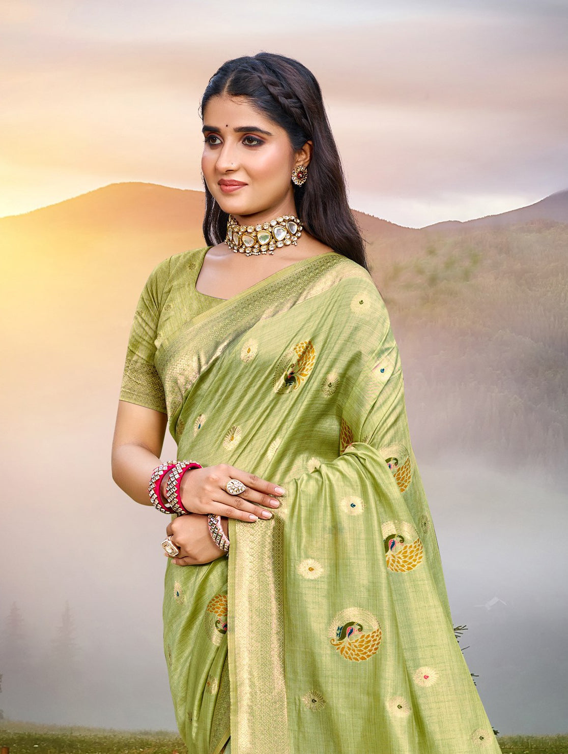 Sangam Prints Green Heavy Assam Silk Saree With Meena Woven Work Traditional Saree - Distacart