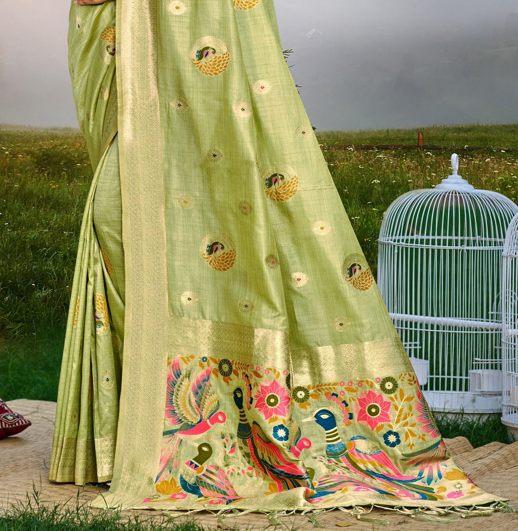 Sangam Prints Green Heavy Assam Silk Saree With Meena Woven Work Traditional Saree - Distacart
