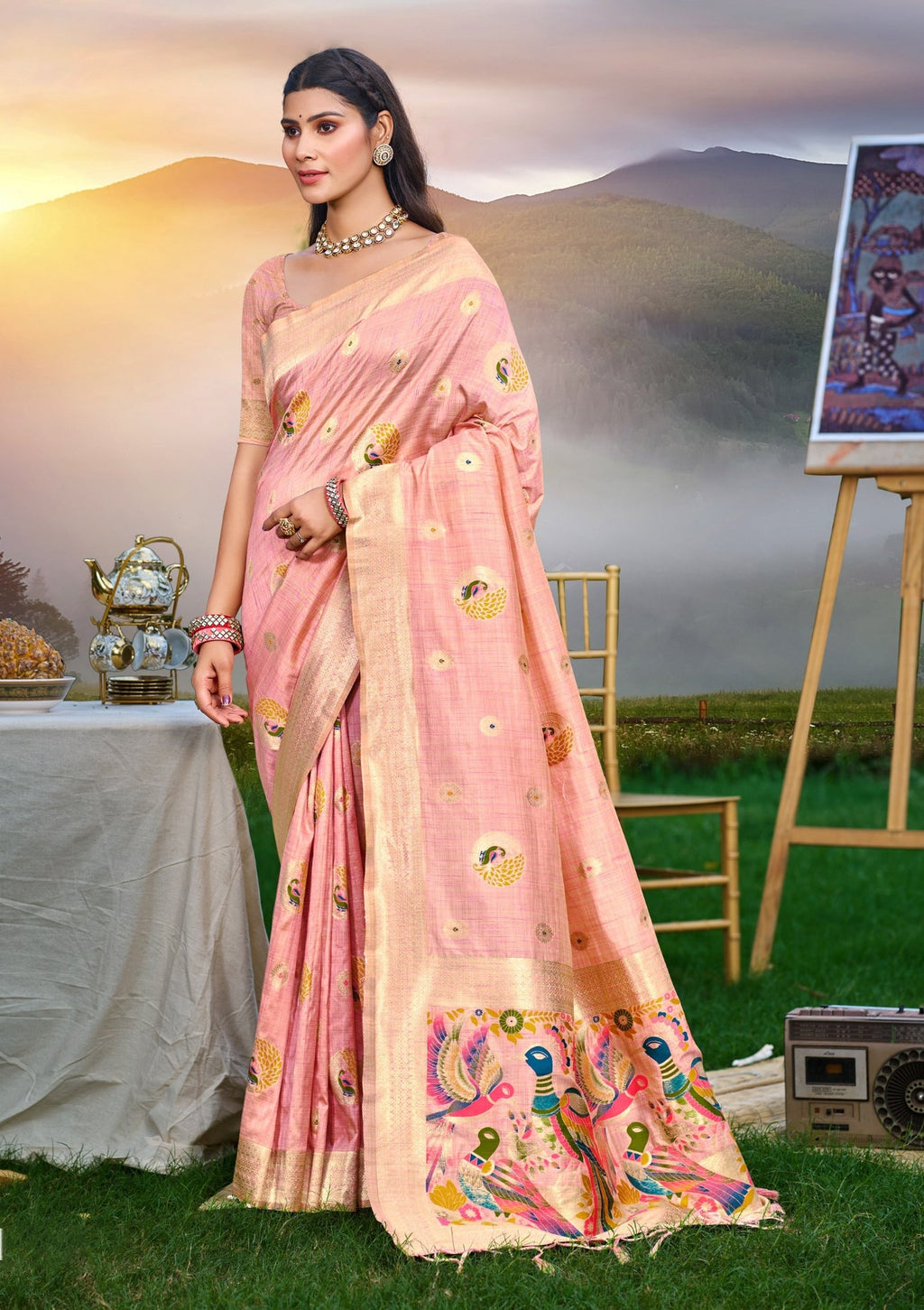 Sangam Prints Pink Heavy Assam Silk Saree With Meena Woven Work Traditional Saree - Distacart