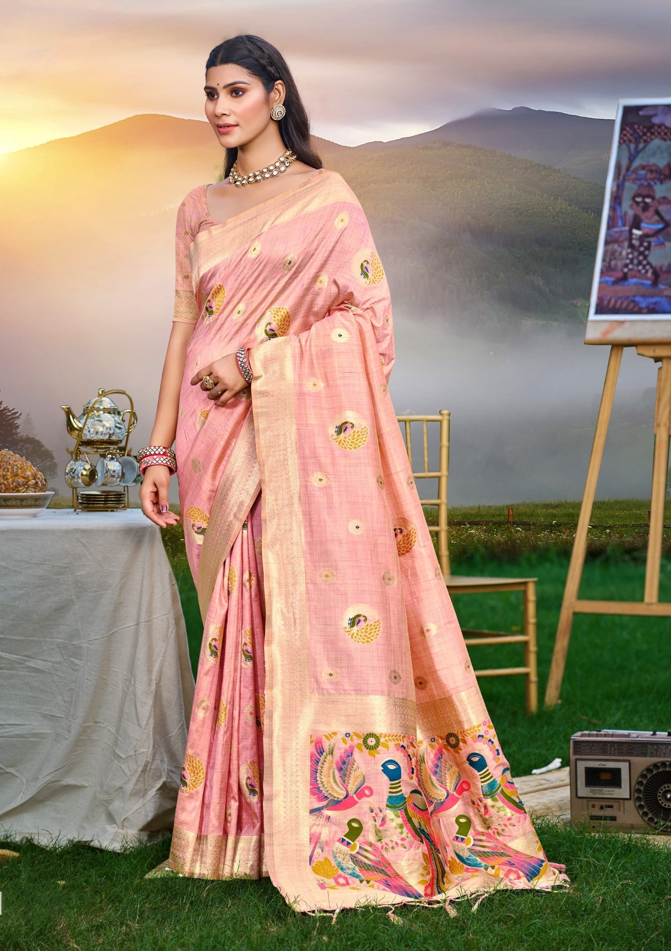 Sangam Prints Pink Heavy Assam Silk Saree With Meena Woven Work Traditional Saree - Distacart