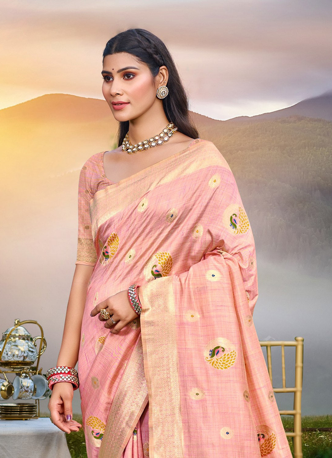 Sangam Prints Pink Heavy Assam Silk Saree With Meena Woven Work Traditional Saree - Distacart