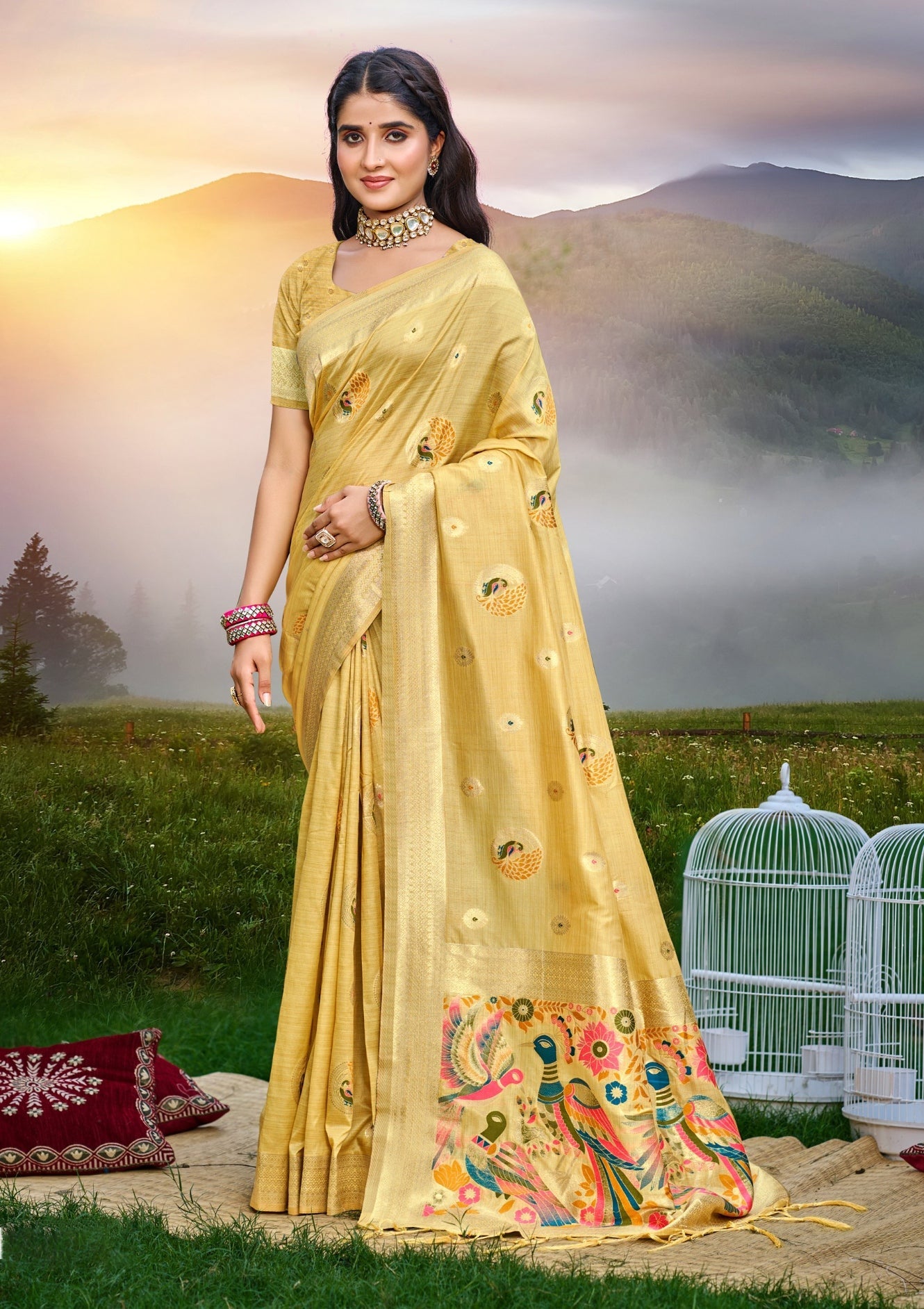 Sangam Prints Yellow Heavy Assam Silk Saree With Meena Woven Work Traditional Saree - Distacart