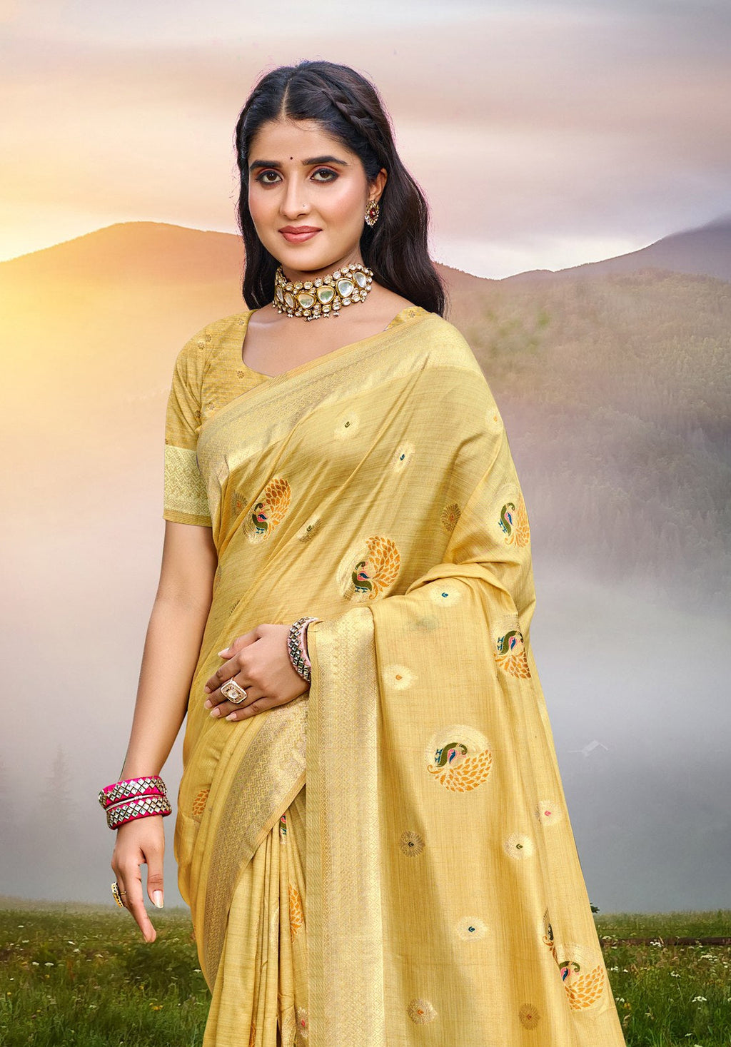 Sangam Prints Yellow Heavy Assam Silk Saree With Meena Woven Work Traditional Saree - Distacart