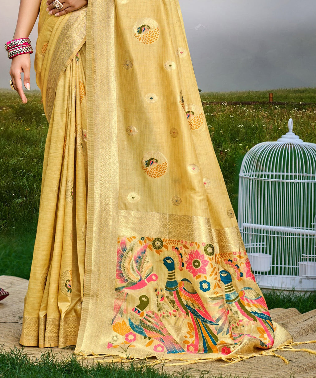 Sangam Prints Yellow Heavy Assam Silk Saree With Meena Woven Work Traditional Saree - Distacart