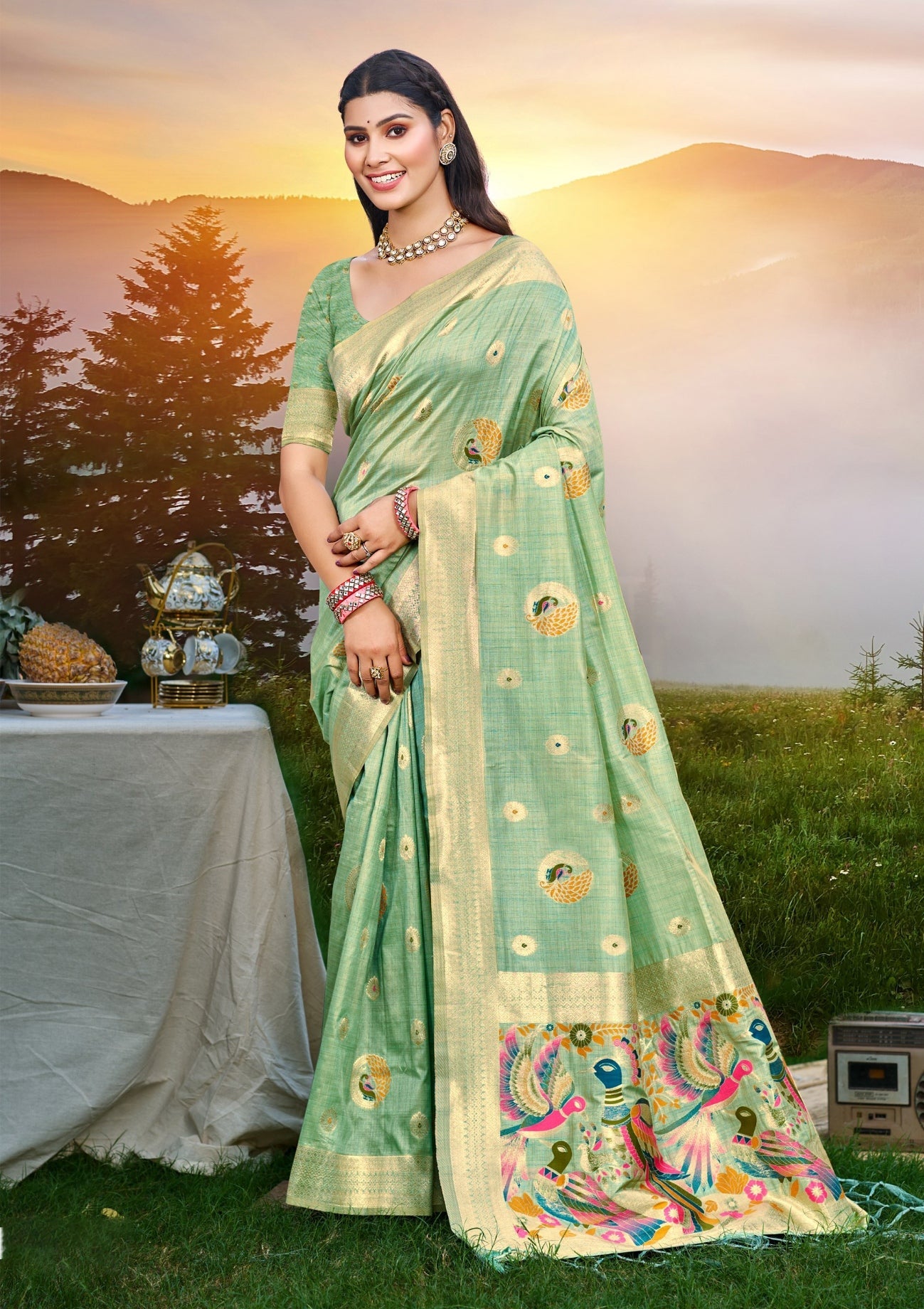 Sangam Prints Sea Green Heavy Assam Silk Saree With Meena Woven Work Traditional Saree - Distacart