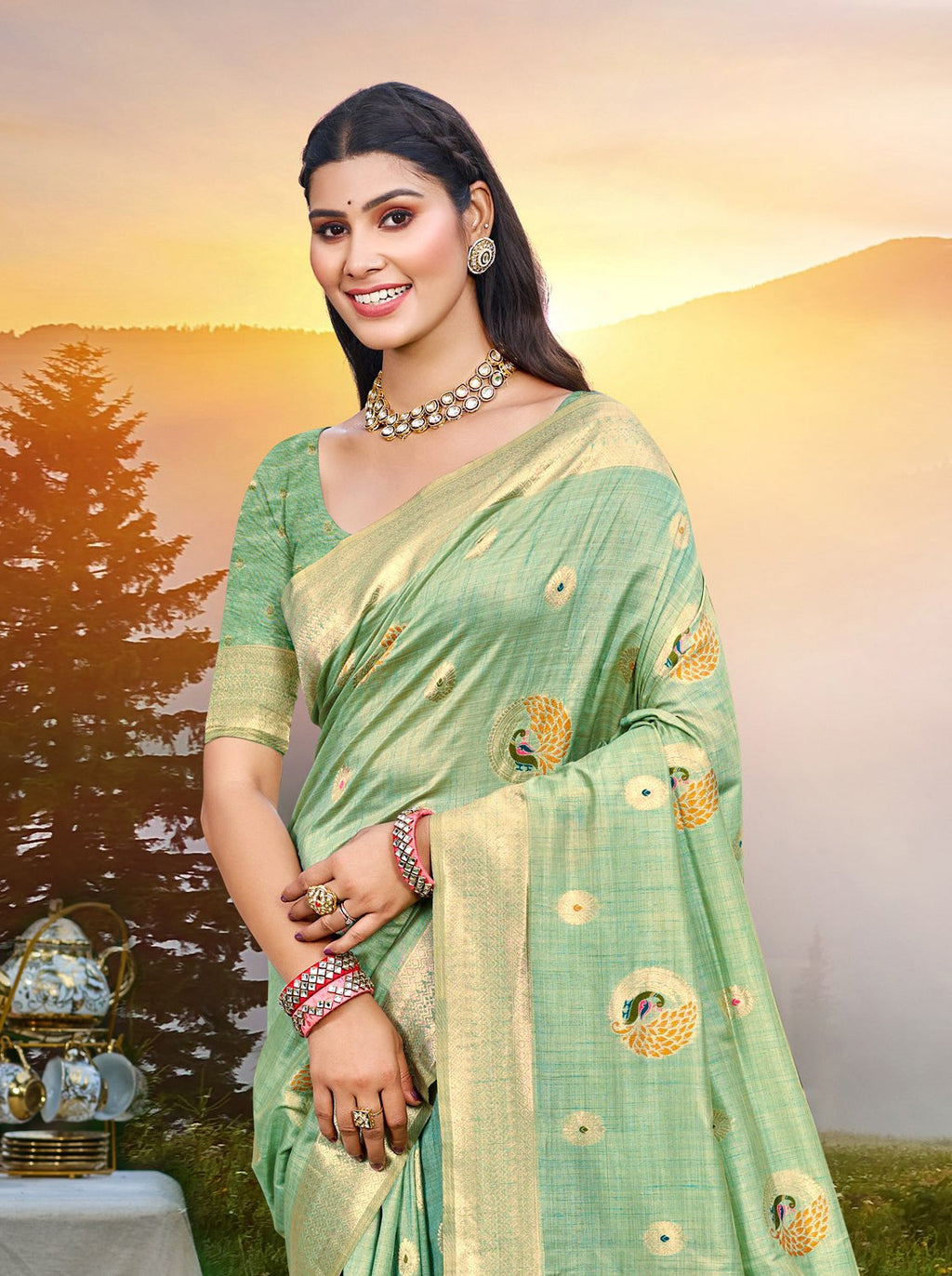 Sangam Prints Sea Green Heavy Assam Silk Saree With Meena Woven Work Traditional Saree - Distacart
