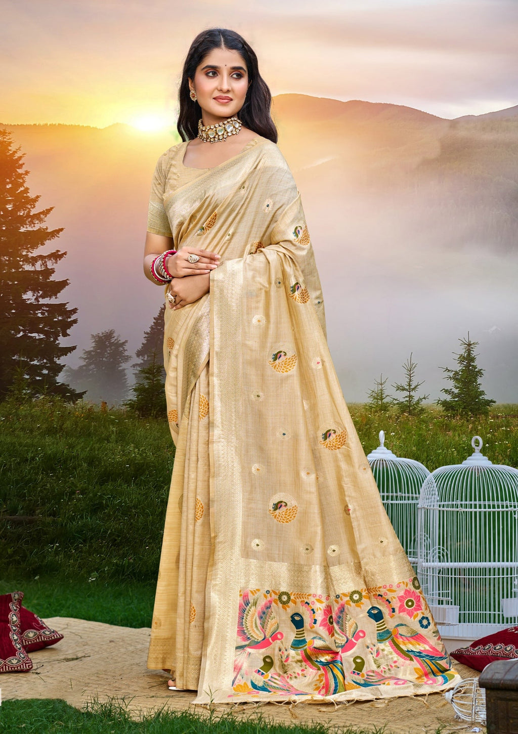 Sangam Prints Cream Heavy Assam Silk Saree With Meena Woven Work Traditional Saree - Distacart
