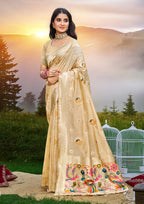 Sangam Prints Cream Heavy Assam Silk Saree With Meena Woven Work Traditional Saree - Distacart