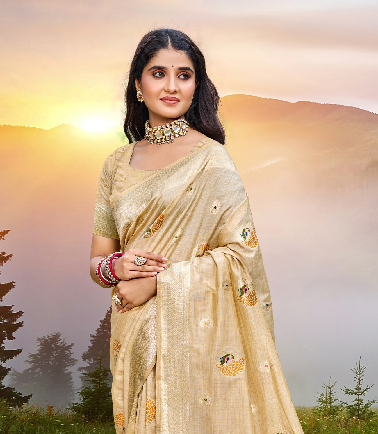 Sangam Prints Cream Heavy Assam Silk Saree With Meena Woven Work Traditional Saree - Distacart