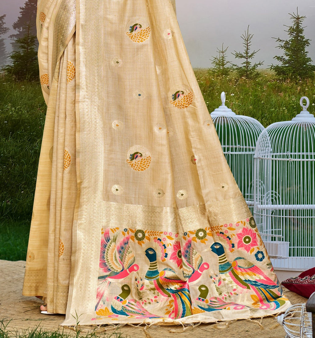 Sangam Prints Cream Heavy Assam Silk Saree With Meena Woven Work Traditional Saree - Distacart