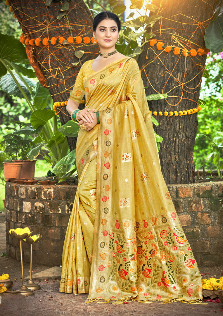 Sangam Prints Yellow Heavy Assam Silk Saree With Meena Woven Work Traditional Saree - Distacart