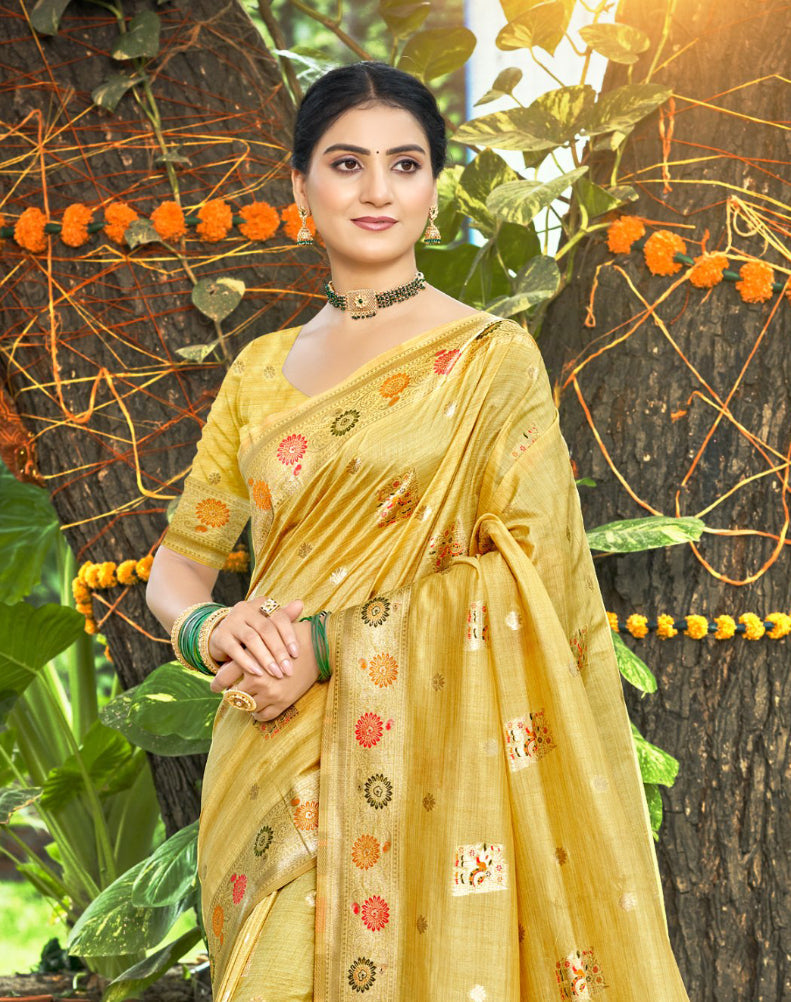 Sangam Prints Yellow Heavy Assam Silk Saree With Meena Woven Work Traditional Saree - Distacart