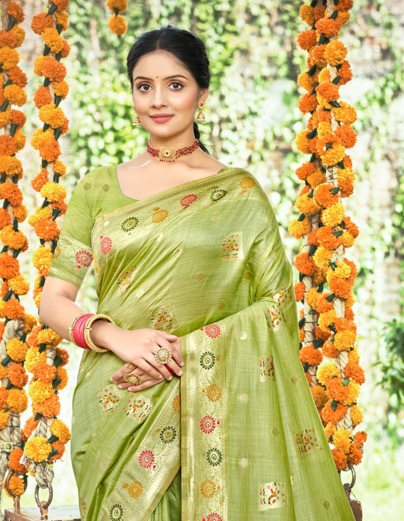 Sangam Prints Green Heavy Assam Silk Saree With Meena Woven Work Traditional Saree - Distacart