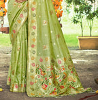Sangam Prints Green Heavy Assam Silk Saree With Meena Woven Work Traditional Saree - Distacart