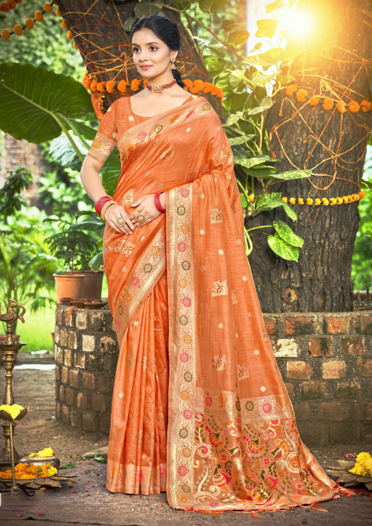 Sangam Prints Orange Heavy Assam Silk Saree With Meena Woven Work Traditional Saree - Distacart