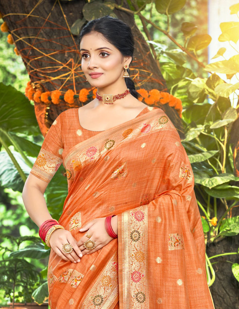 Sangam Prints Orange Heavy Assam Silk Saree With Meena Woven Work Traditional Saree - Distacart