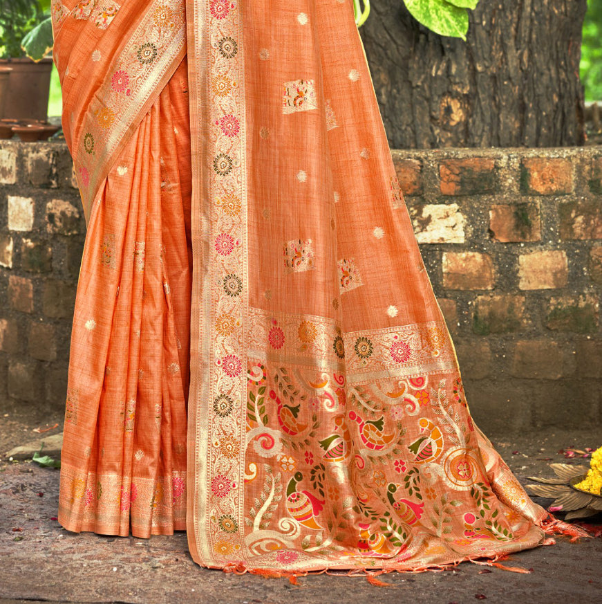 Sangam Prints Orange Heavy Assam Silk Saree With Meena Woven Work Traditional Saree - Distacart