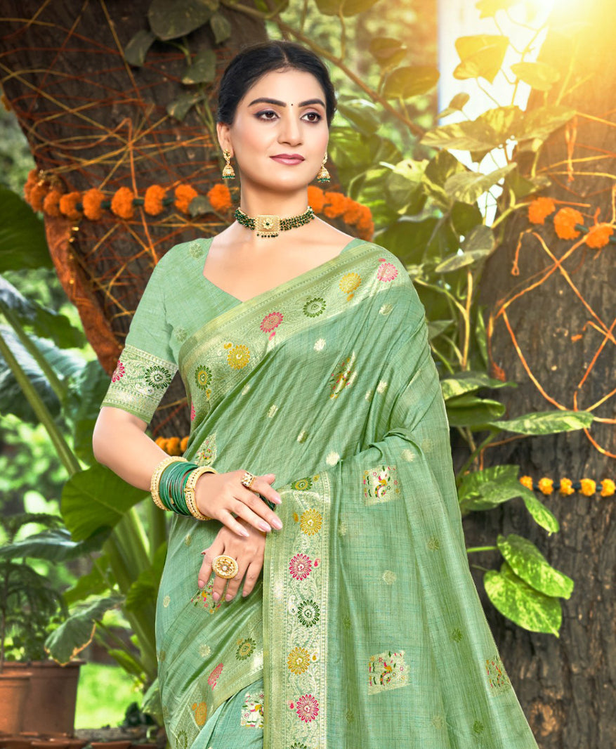 Sangam Prints Sea Green Heavy Assam Silk Saree With Meena Woven Work Traditional Saree - Distacart
