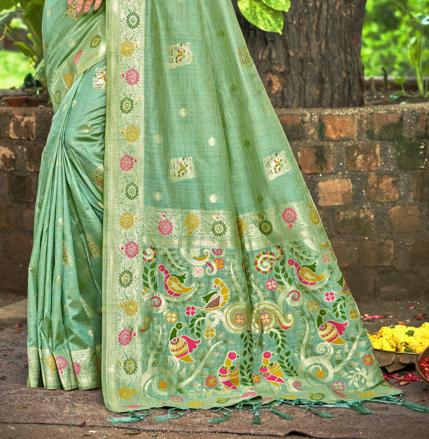 Sangam Prints Sea Green Heavy Assam Silk Saree With Meena Woven Work Traditional Saree - Distacart