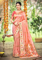 Sangam Prints Peach Heavy Assam Silk Saree With Meena Woven Work Traditional Saree - Distacart