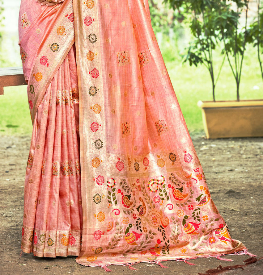 Sangam Prints Peach Heavy Assam Silk Saree With Meena Woven Work Traditional Saree - Distacart