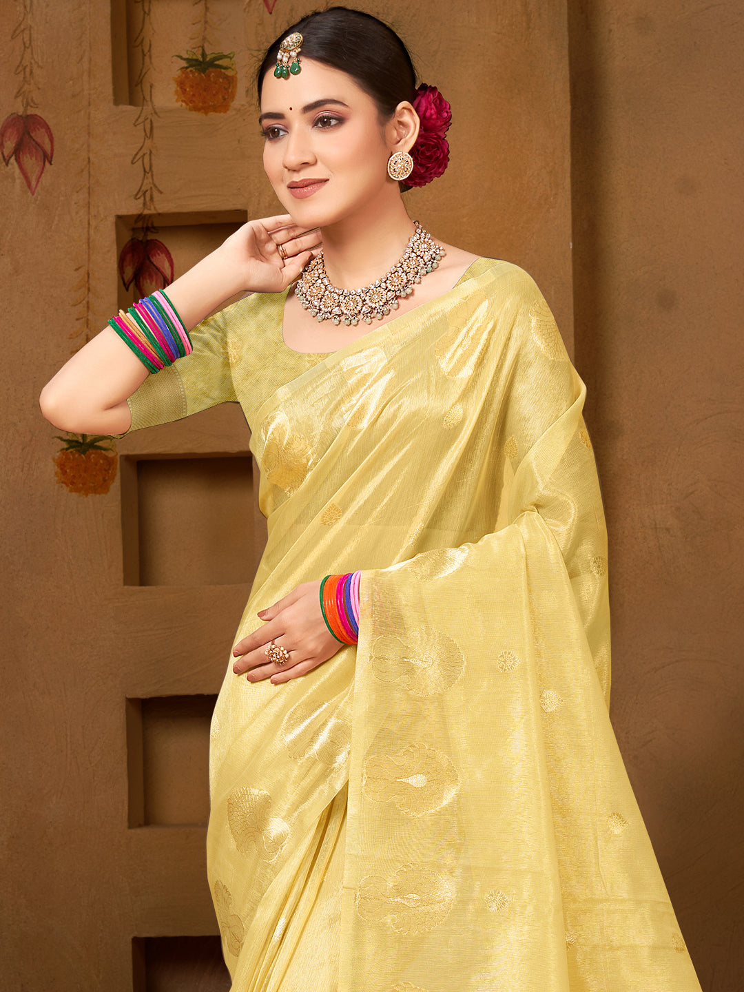 Sangam Prints Yellow Munga Kota Woven Work Traditional Saree - Distacart