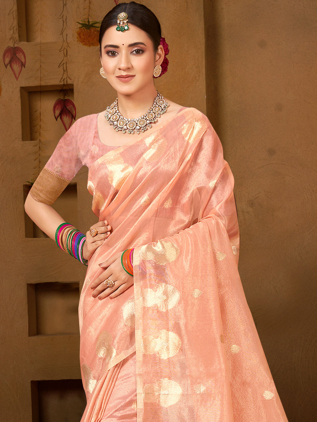 Sangam Prints Peach Munga Kota Woven Work Traditional Saree - Distacart