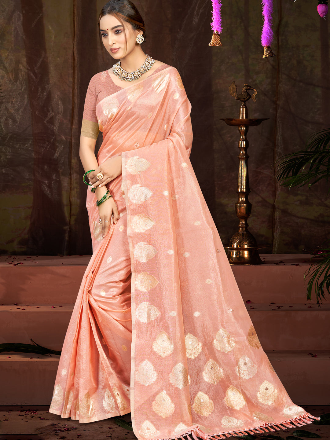 Sangam Prints Peach Munga Kota Woven Work Traditional Saree - Distacart