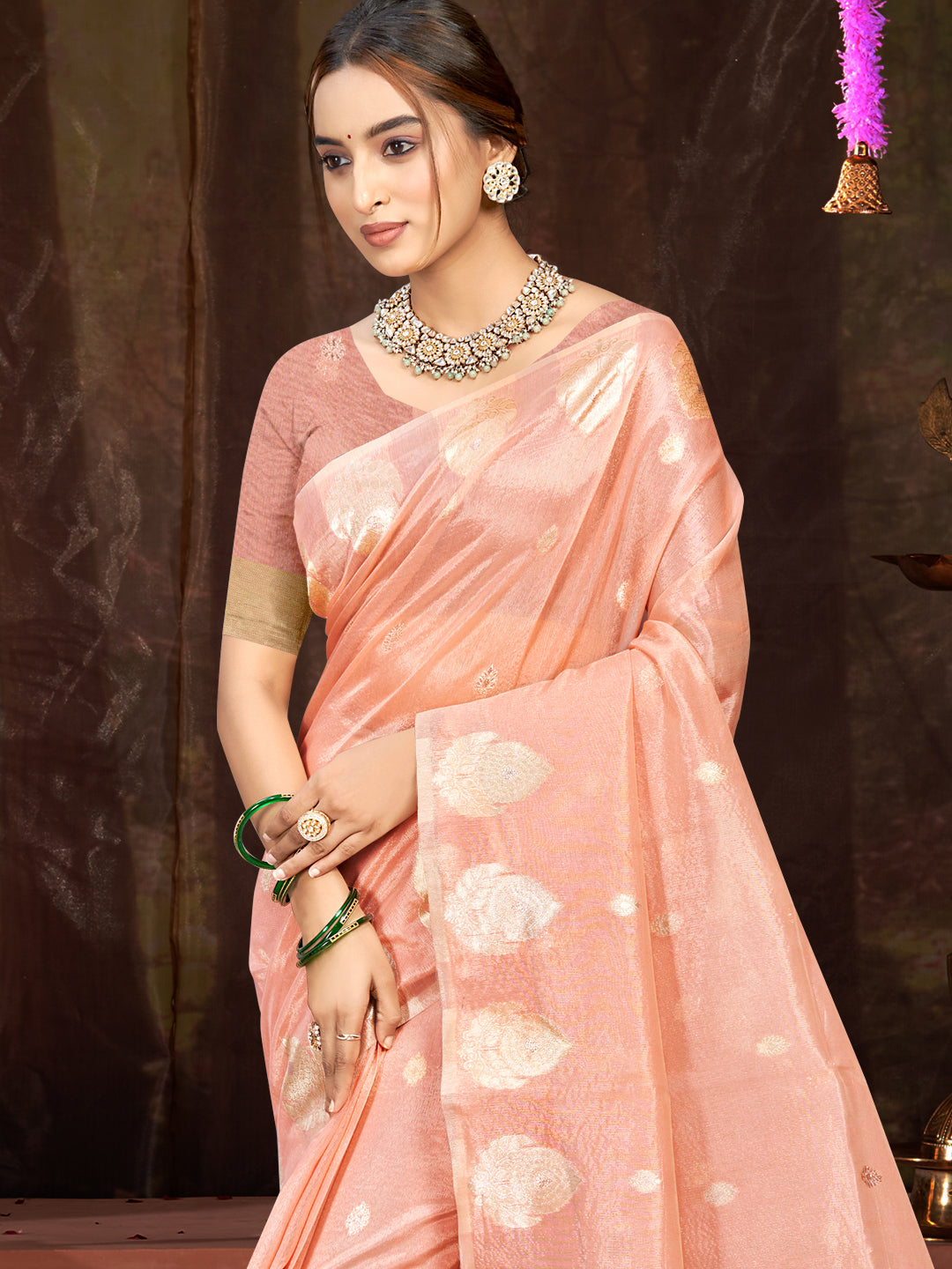 Sangam Prints Peach Munga Kota Woven Work Traditional Saree - Distacart