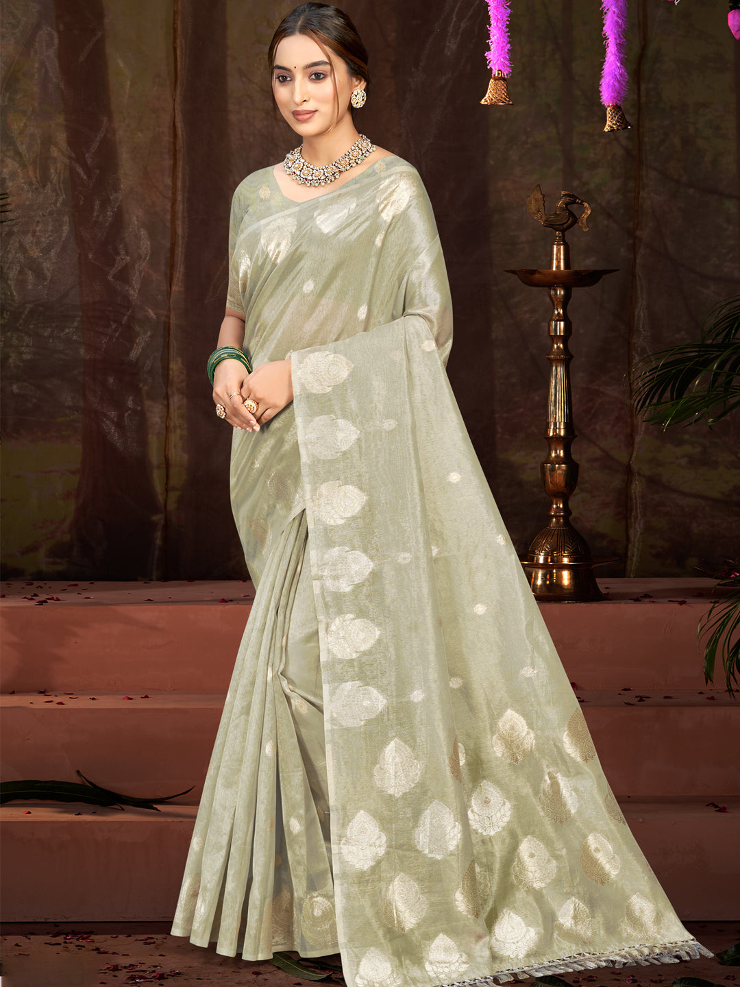 Sangam Prints Grey Munga Kota Woven Work Traditional Saree - Distacart