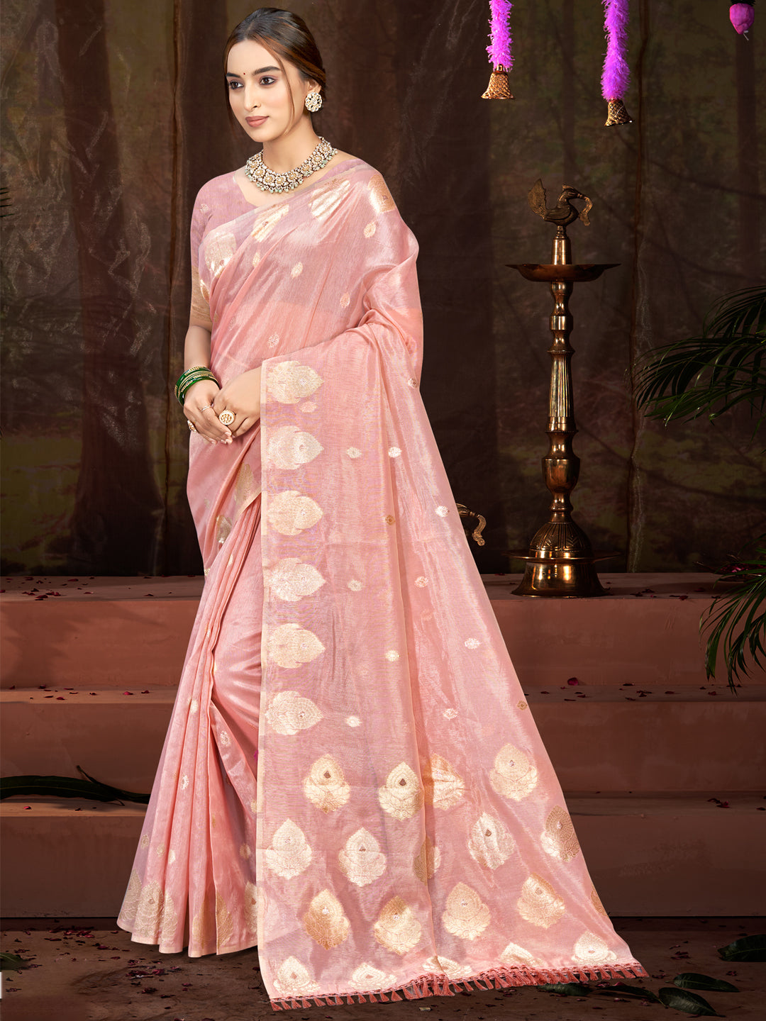 Sangam Prints Pink Munga Kota Woven Work Traditional Saree - Distacart