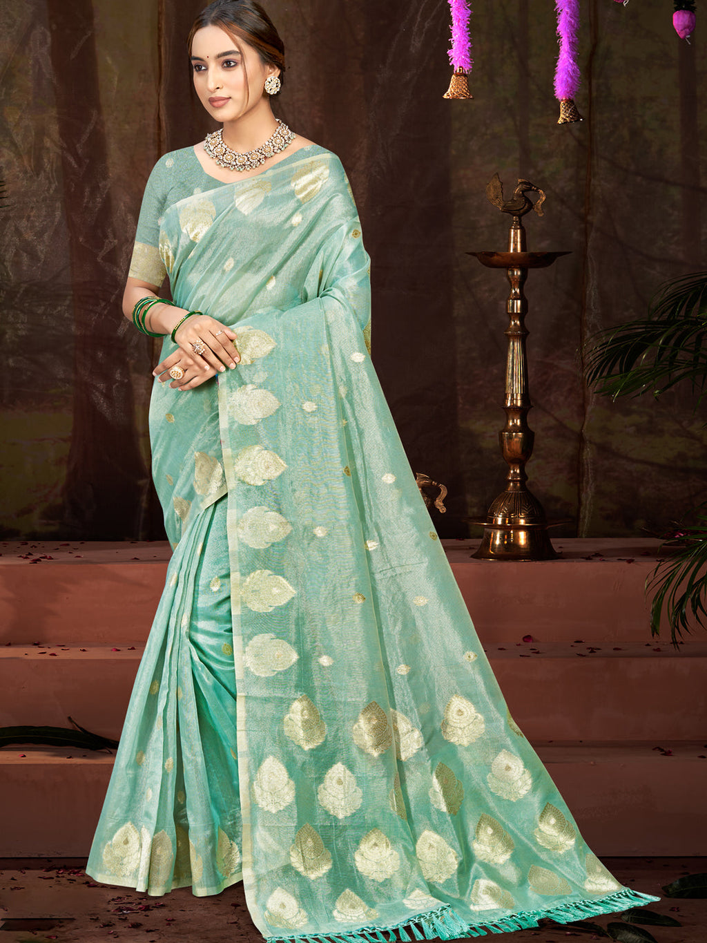 Sangam Prints Sea Green Munga Kota Woven Work Traditional Saree - Distacart
