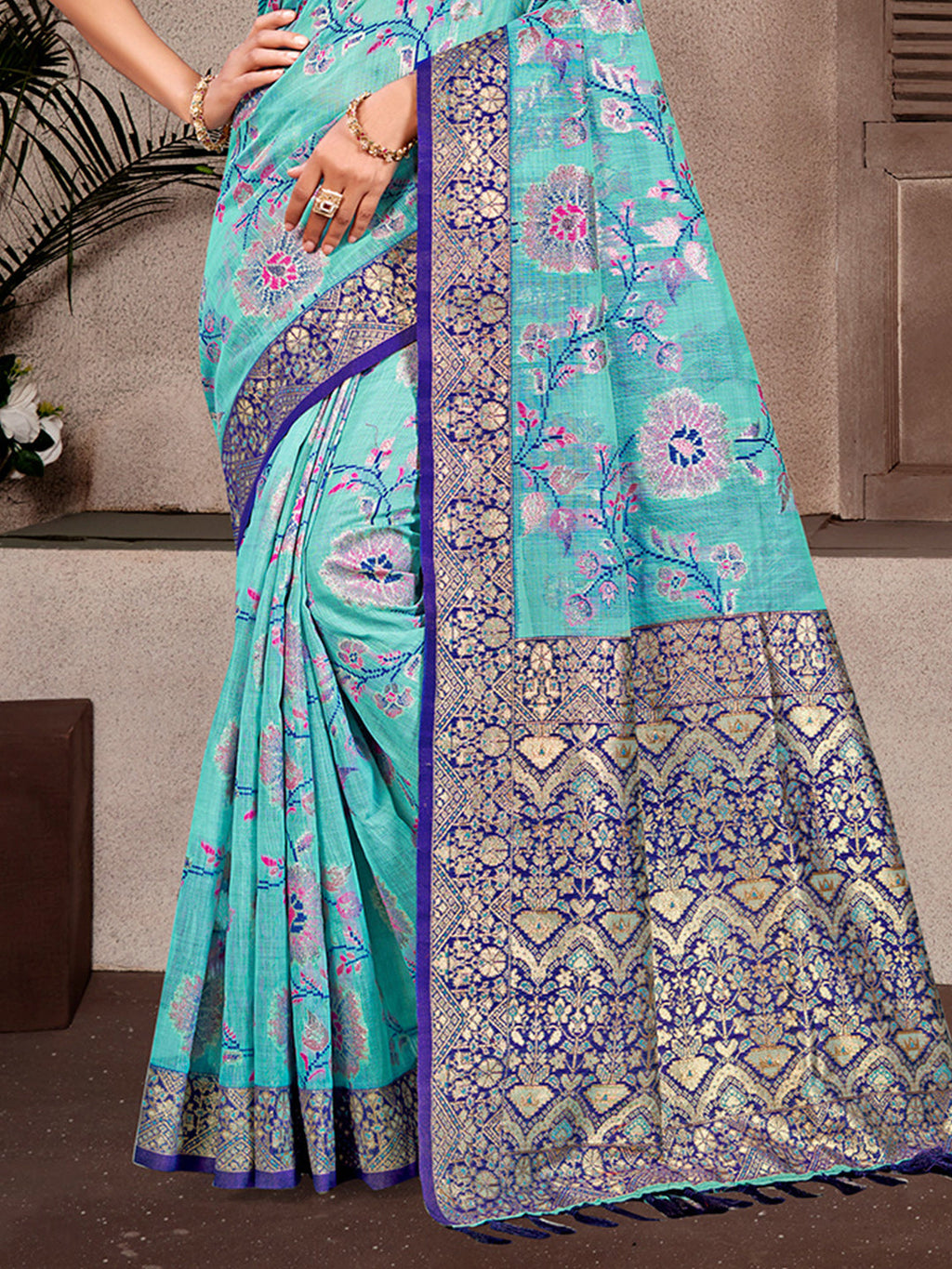 Sangam Prints Sky Blue Cotton Silk With Meena Woven Work Traditional Saree - Distacart