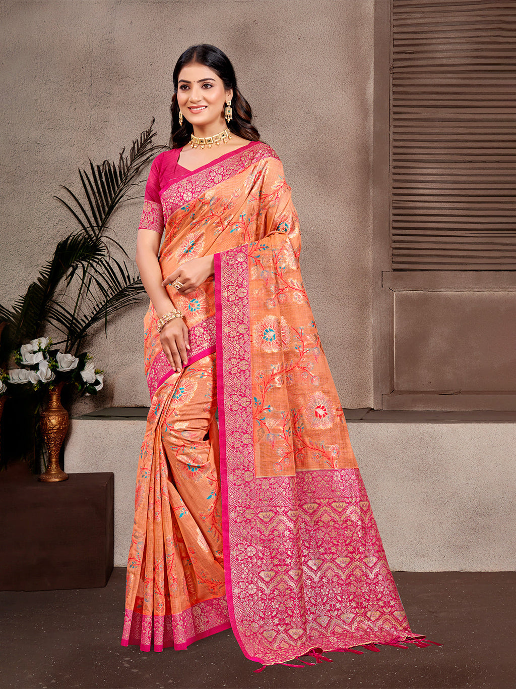 Sangam Prints Orange  Cotton Silk With Meena Woven Work Traditional Saree - Distacart