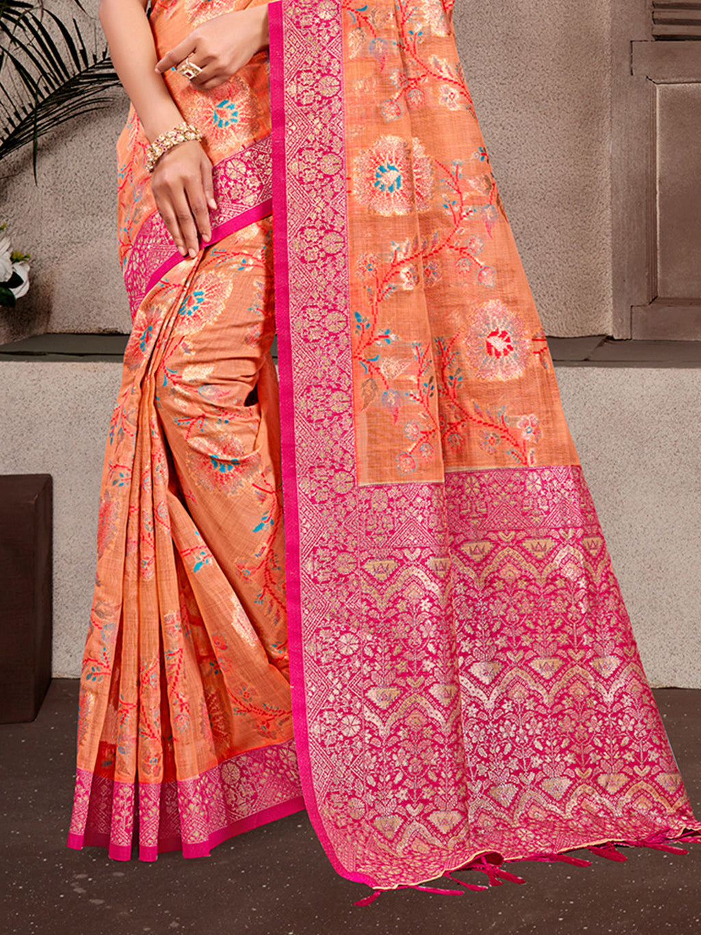 Sangam Prints Orange  Cotton Silk With Meena Woven Work Traditional Saree - Distacart