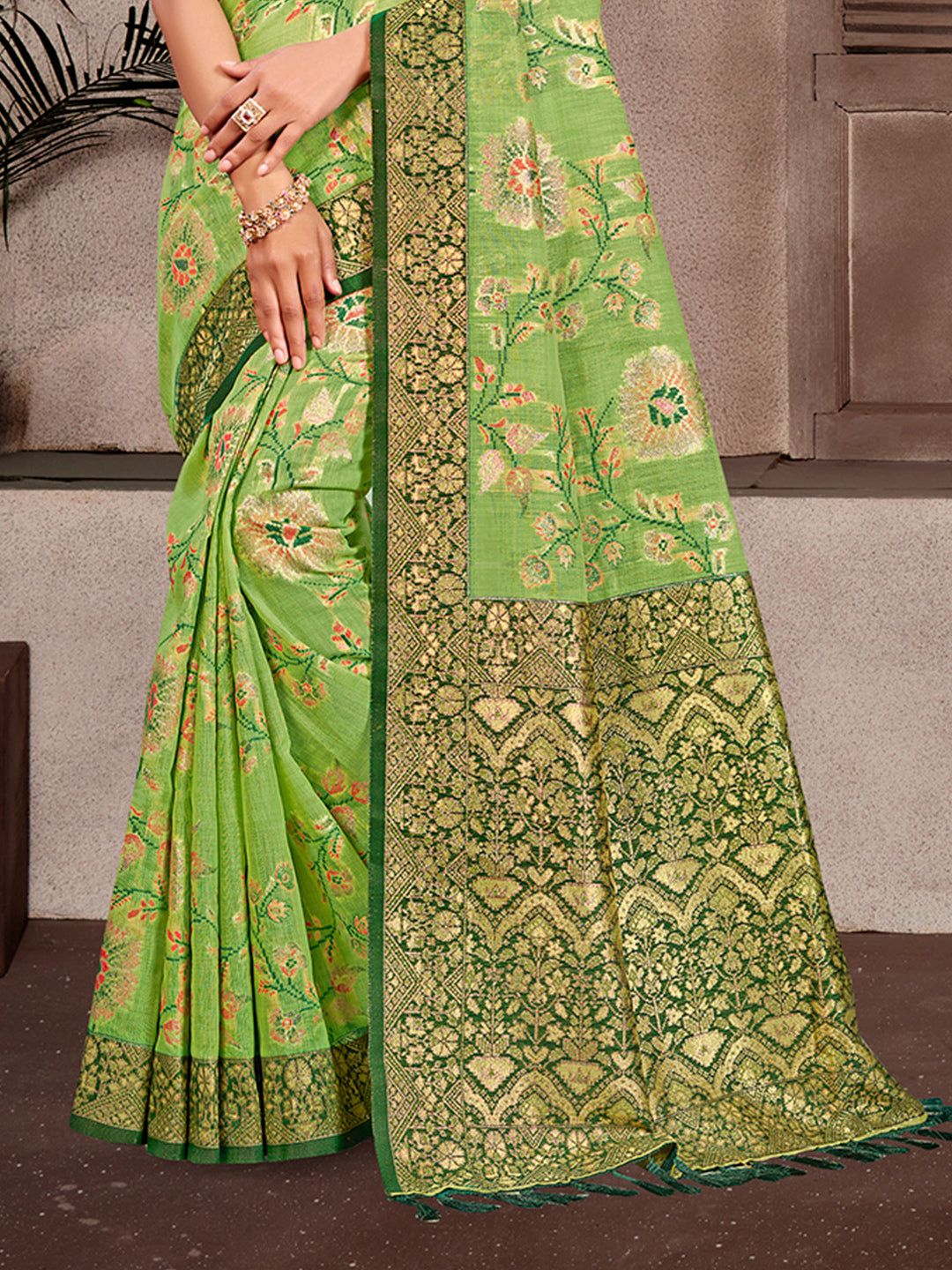 Sangam Prints Light Green Cotton Silk With Meena Woven Work Traditional Saree - Distacart