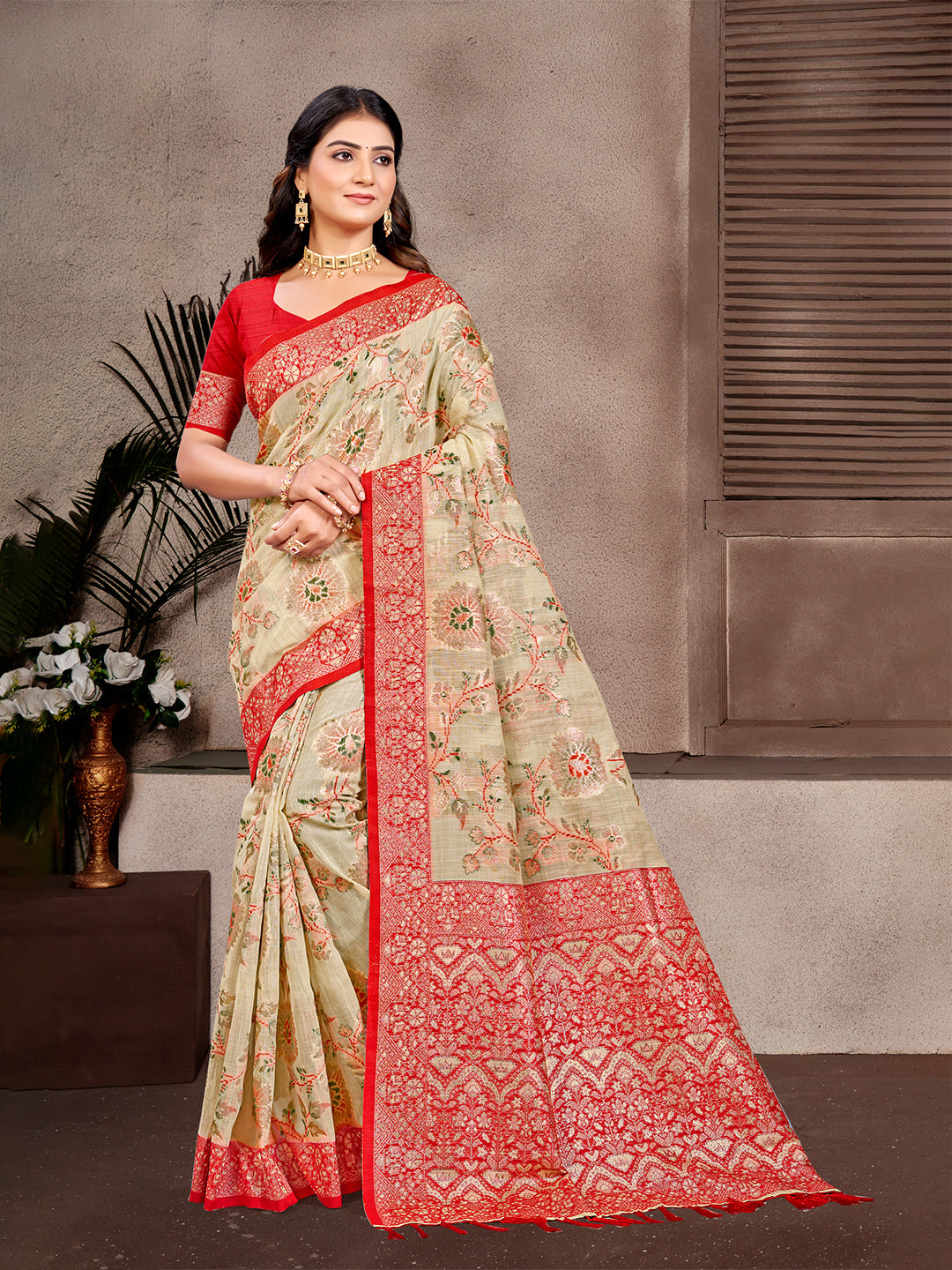 Sangam Prints Beige Cotton Silk With Meena Woven Work Traditional Saree - Distacart