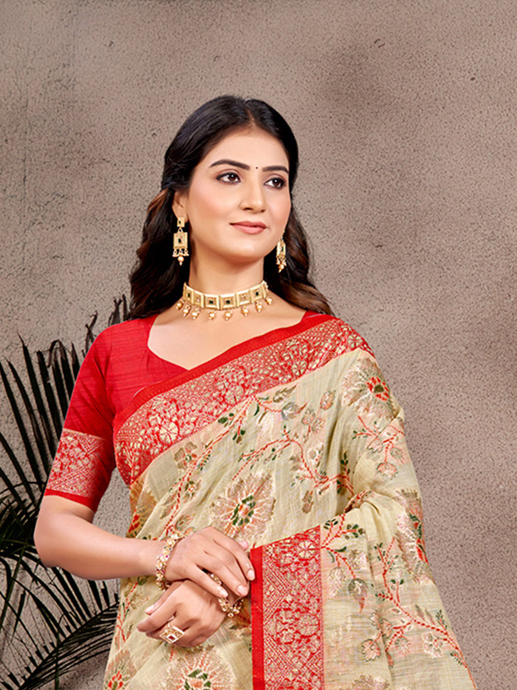Sangam Prints Beige Cotton Silk With Meena Woven Work Traditional Saree - Distacart
