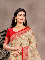 Sangam Prints Beige Cotton Silk With Meena Woven Work Traditional Saree - Distacart