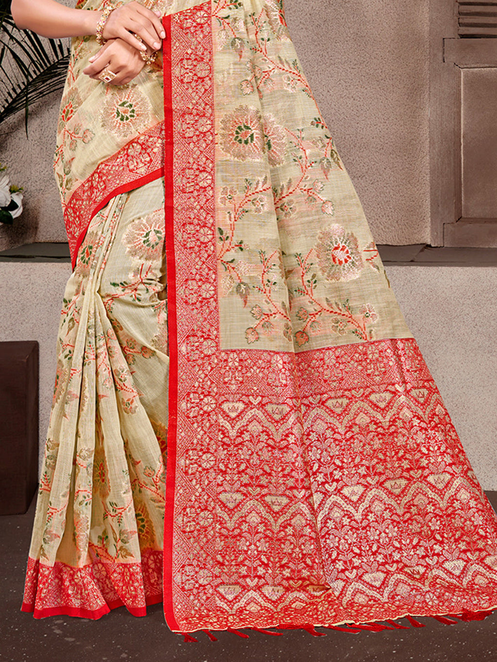 Sangam Prints Beige Cotton Silk With Meena Woven Work Traditional Saree - Distacart