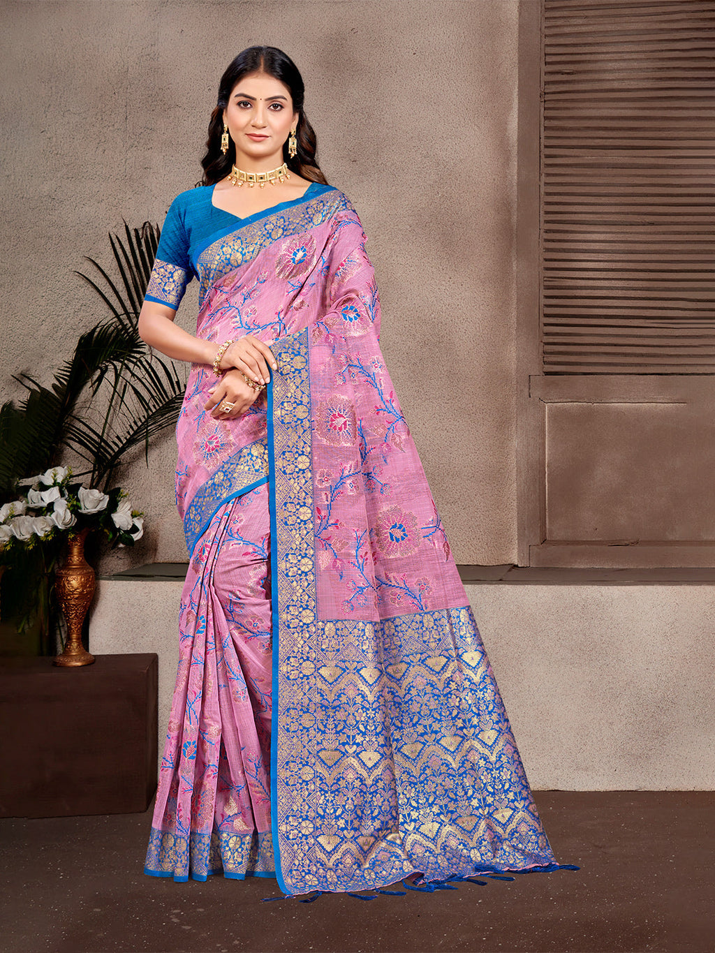 Sangam Prints Light Pink Cotton Silk With Meena Woven Work Traditional Saree - Distacart