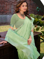 Sangam Prints Green Linen Woven Work Traditional Saree - Distacart
