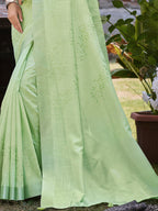 Sangam Prints Green Linen Woven Work Traditional Saree - Distacart