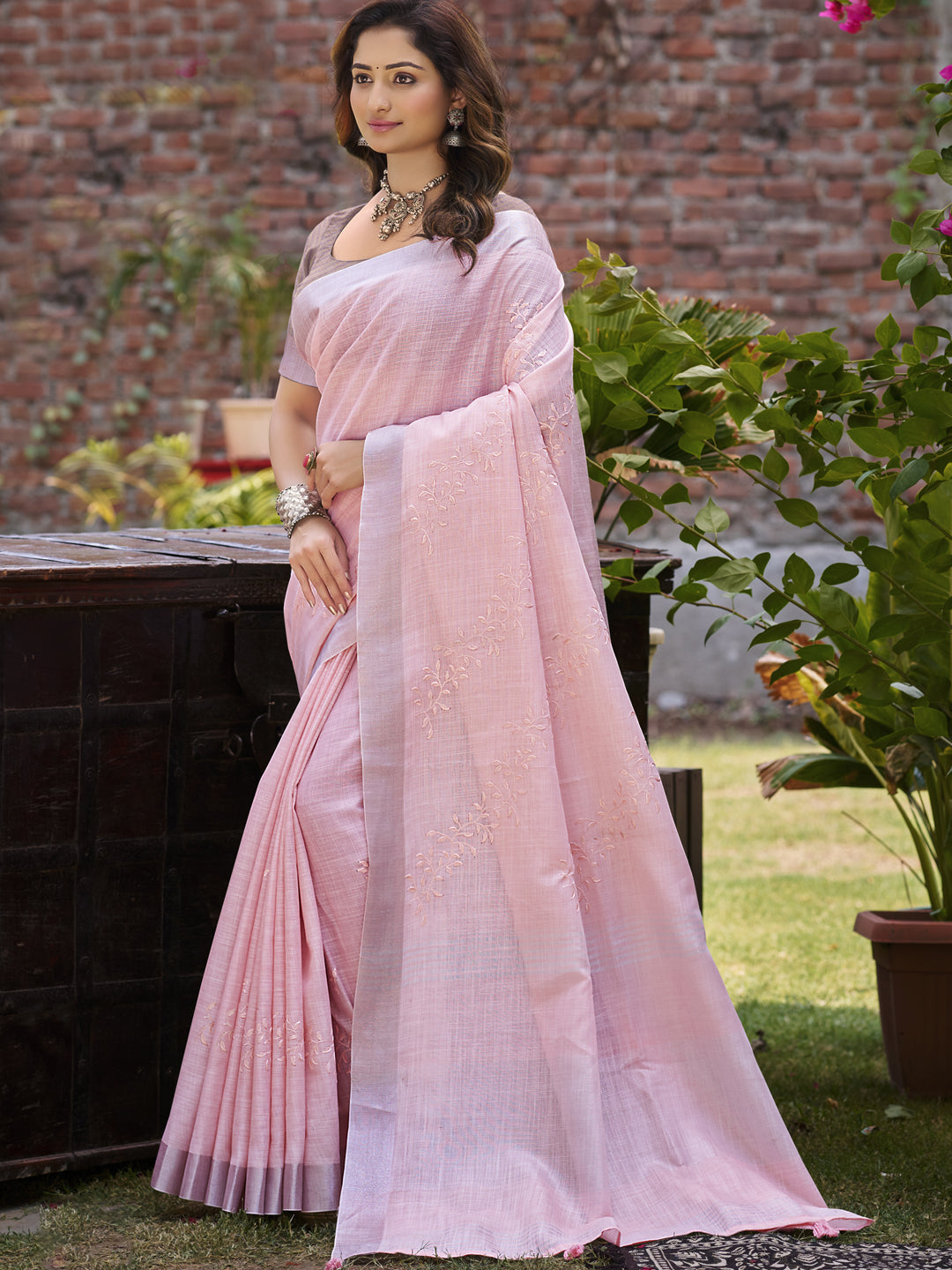 Sangam Prints Pink Linen Woven Work Traditional Saree - Distacart