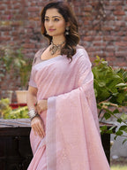 Sangam Prints Pink Linen Woven Work Traditional Saree - Distacart