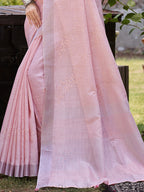 Sangam Prints Pink Linen Woven Work Traditional Saree - Distacart