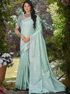 Sangam Prints Sea Green Linen Woven Work Traditional Saree - Distacart