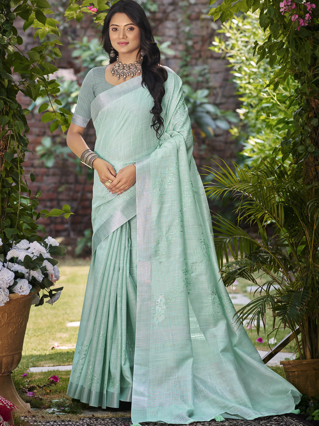 Sangam Prints Sea Green Linen Woven Work Traditional Saree - Distacart