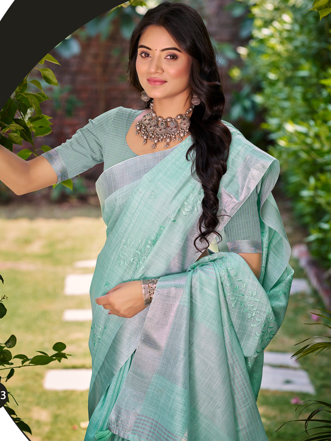 Sangam Prints Sea Green Linen Woven Work Traditional Saree - Distacart