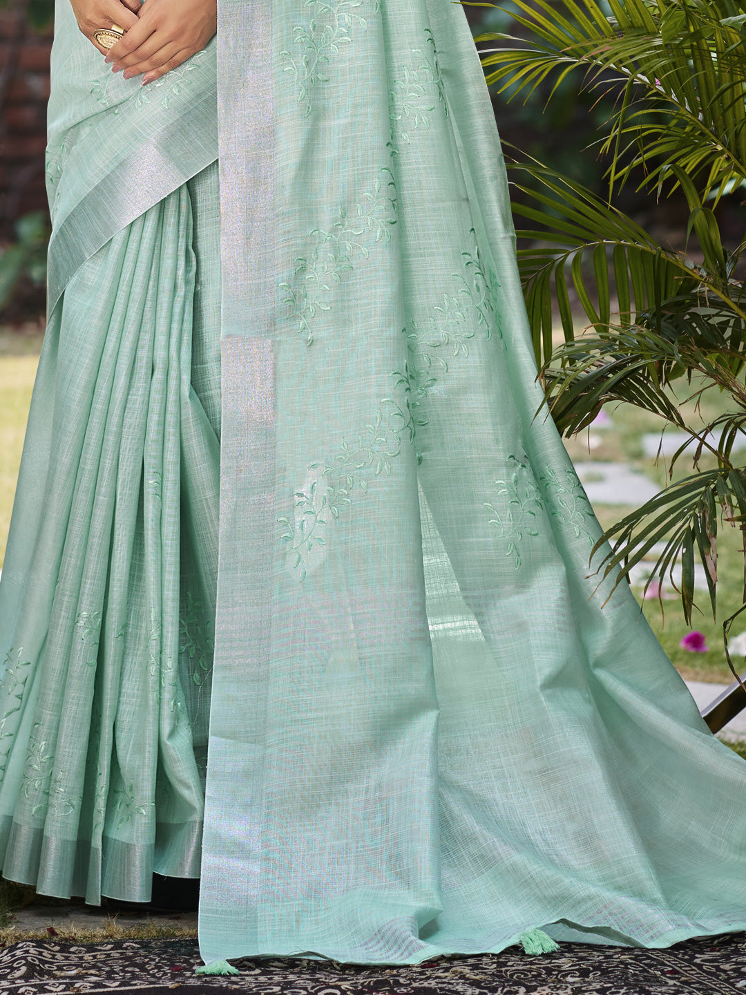 Sangam Prints Sea Green Linen Woven Work Traditional Saree - Distacart